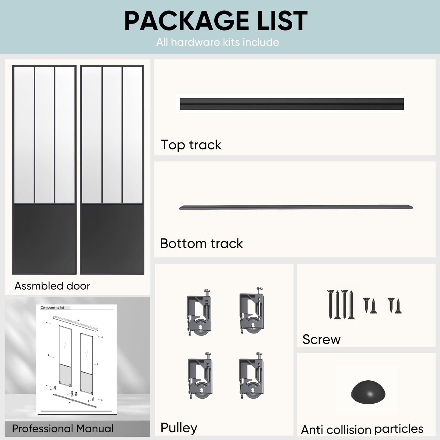 JUBEST Sliding Closet Door 60 x 80", Black Farmhouse Sliding Door with Top & Bottom Track Kits, Preassembled Frosted Glass Bypass Closet Door, Easy to Install