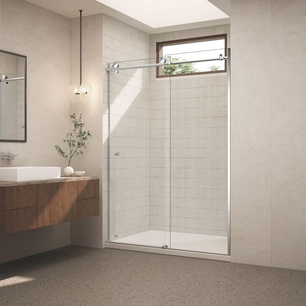 CONDRIS Prime Frameless 60‘’x78’’ Reversible Sliding Shower Door 3/10" (8mm) Thick Tempered Clear Glass with Explosion-Proof Film Nano Coating Stainless Steel Hardware Chromed/Matte Black (Chromed)
