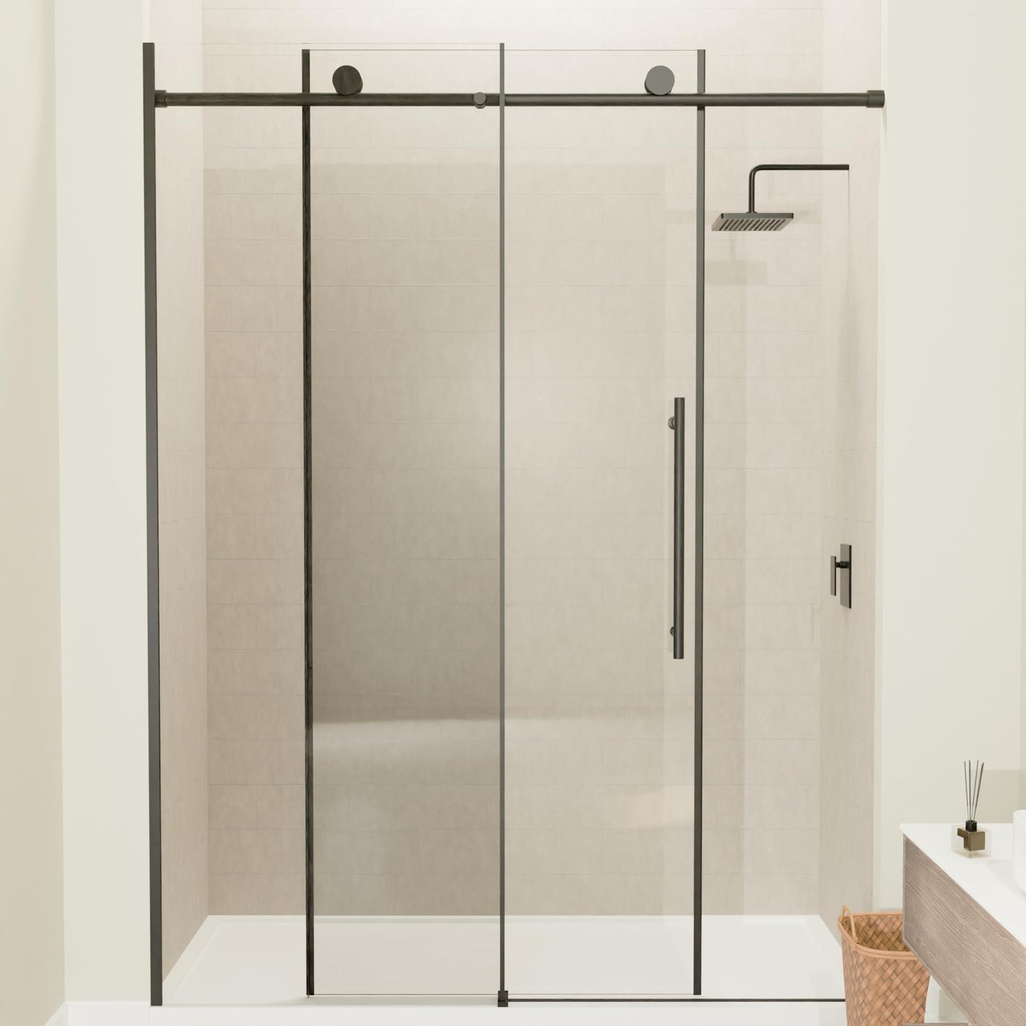 60" W x 73" H Single Sliding Glass Shower Door, Frameless Water Repellent Bypasss Walk-in Bathroom Door, 5/16" (8mm) SGCC Tempered with Explosion-Proof Film, Nano Coating, Matte Black Finish