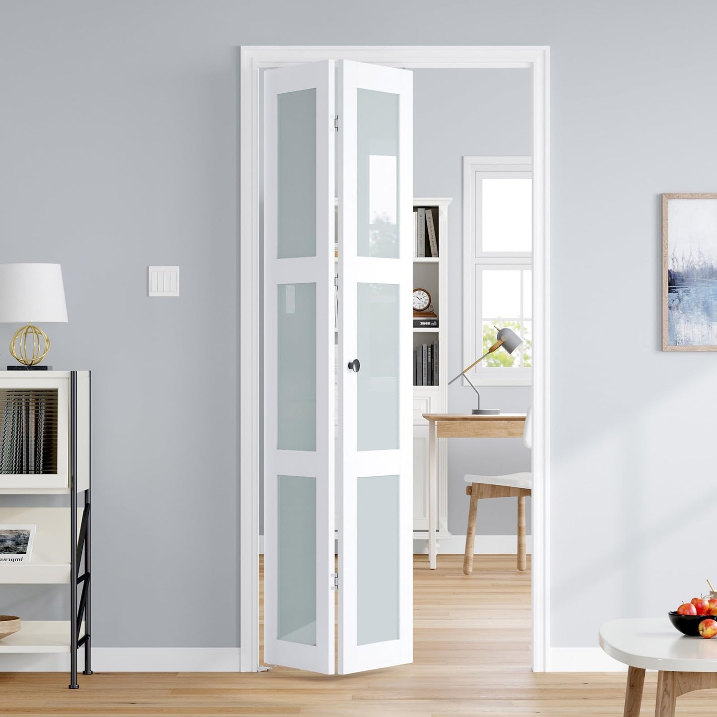 Roymelo Bifold Doors for 36"×80-3/4" Opening, Preassembled White Frosted Glass Folding Barn Door, Sliding Interior Wood Panel Closet Bifolding Door with Concealed Hardware Kit Included