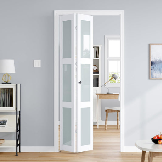 Roymelo Bifold Doors for 36"×80-3/4" Opening, Preassembled White Frosted Glass Folding Barn Door, Sliding Interior Wood Panel Closet Bifolding Door with Concealed Hardware Kit Included
