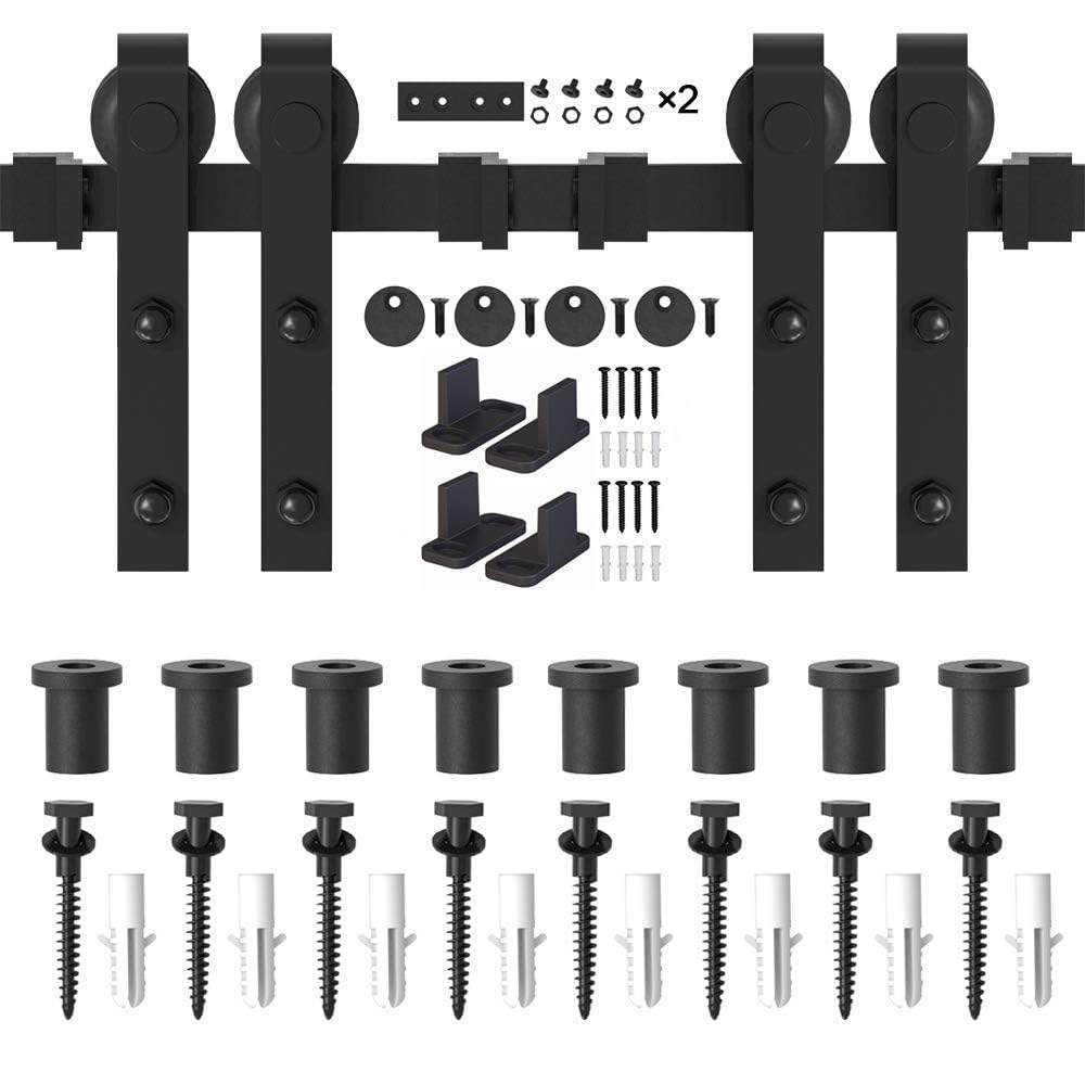 WINSOON 10FT Barn Door Hardware Kit: Double Sliding Door Hardware - Heavy Duty Black Barn Door Track Kit - Carbon Steel Sliding Barn Door Rail - J-Shape Easy to Install for 60" Closet Panel(No Door)