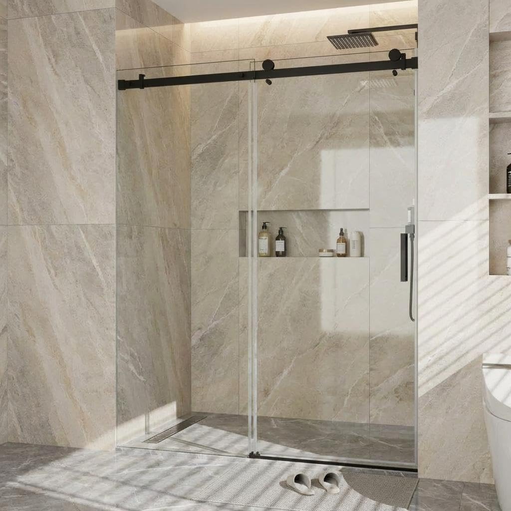 44-48" W x 76" H Frameless Sliding Shower Door, 1/4" (6mm) Tempered Glass with Explosion-Proof Film, Matte Black Stainless Steel Track & 55mm Rollers, Bypass Bathroom Door