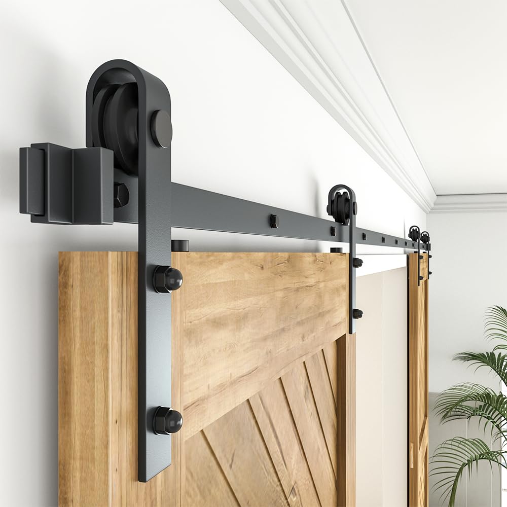 WINSOON 10FT Barn Door Hardware Kit: Double Sliding Door Hardware - Heavy Duty Black Barn Door Track Kit - Carbon Steel Sliding Barn Door Rail - J-Shape Easy to Install for 60" Closet Panel(No Door)