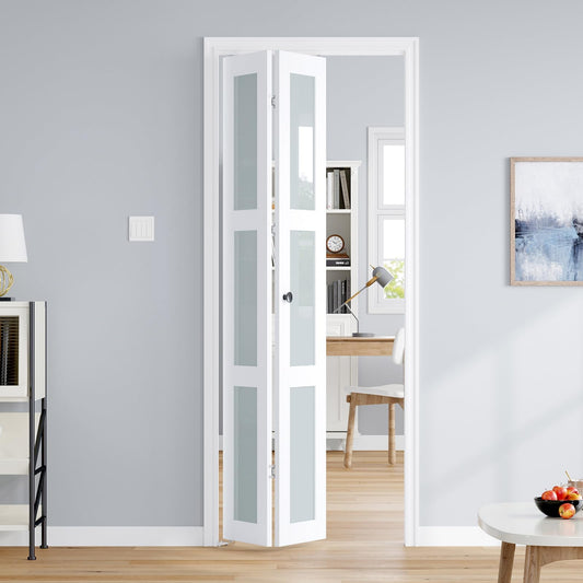 Roymelo Bifold Doors for 32"×80-3/4" Opening, Preassembled White Frosted Glass Folding Barn Door, Sliding Interior Wood Panel Closet Bifolding Door with Concealed Hardware Kit Included