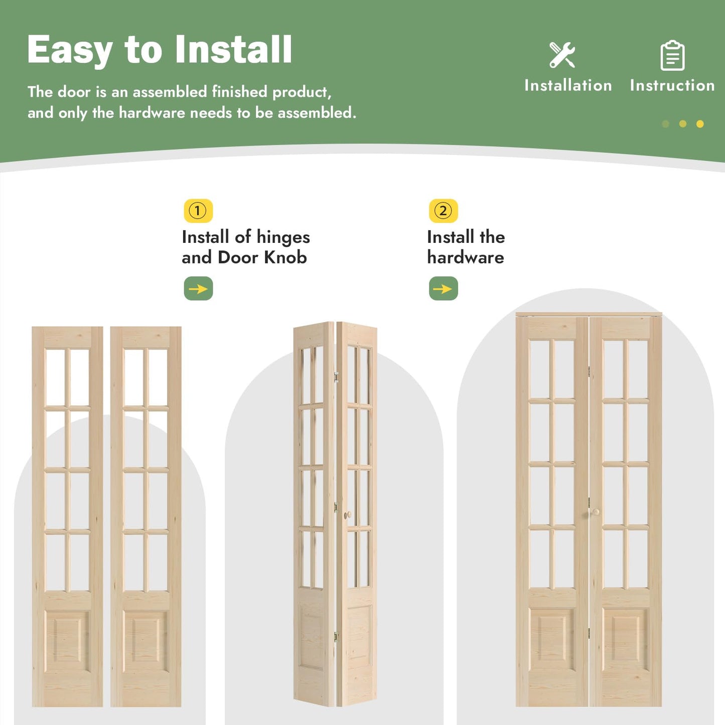 Roymelo Bifold Doors for 24"×80" Opening, Clear Glass French Interior Folding Barn Door with Concealed Hardware Kit Included, Spruce Wood Support DIY Dyeing, Preassembled Door, Save Space
