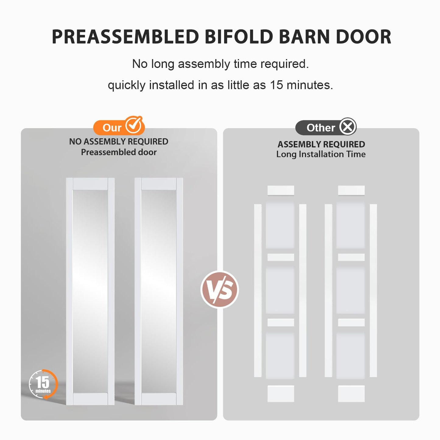 FREDBECK Preassembled Bifold Barn Door 24x84 (Double 12x84) with 1 Lites Mirror,Bi-fold Closet Doors Hardware Kit Included,28" Track for 2 Doors, PVC, White,for Living Room, Bathrooms, Kicthen