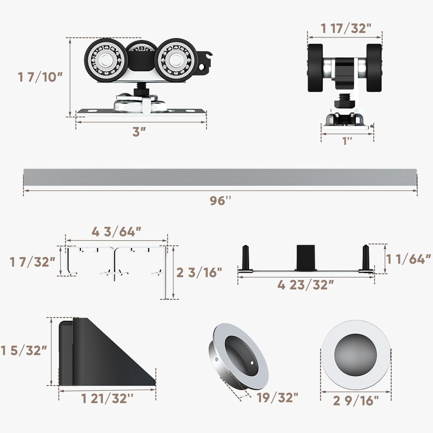 JUBEST Bypass Door Hardware 96", Aluminum Sliding Closet Door Hardware Set with Finger Pull Included, Smoothly and Quietly, for 2 Door System, Fit Door Thickness 1 3/8" or 1 3/4", Easy to Install