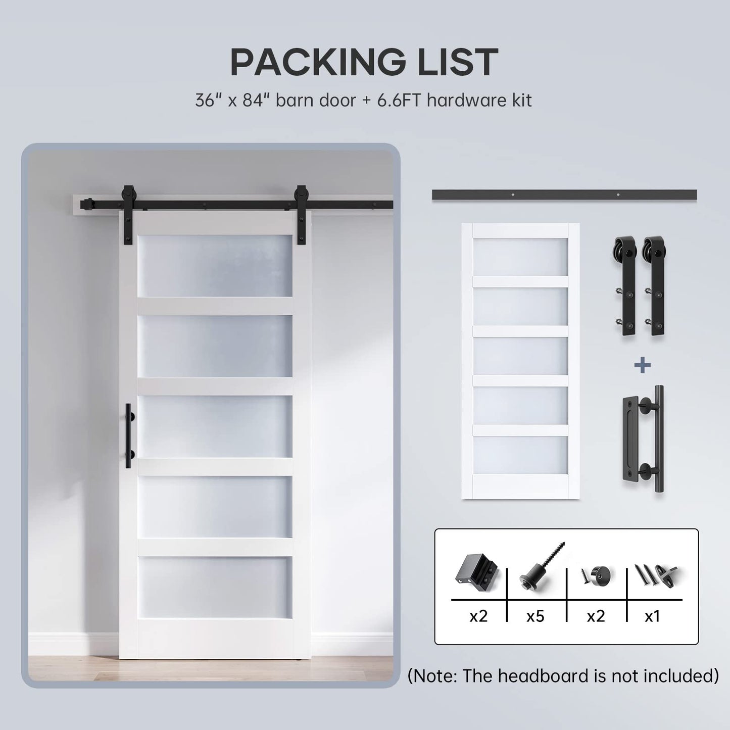 ROYMELO 36x84 Inch Glass Sliding Barn Door Slab and 6.6ft Hardware Kit Included, 5 Frosted Glass, LVL Wood Panel Covered with White Water-Proof Scratch-Proof PVC Surface, Simple DIY Assembly
