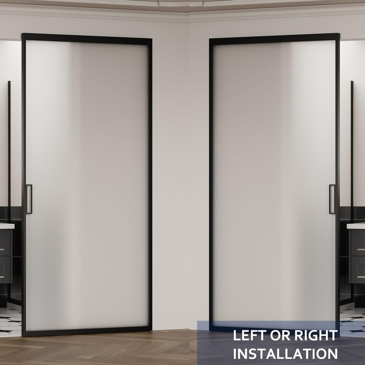 40 x 87 in Sliding Barn Door Concealed Rail, Softclose Glass Barn Door Matte Black, Easy Assembly Waterproof 5/16 in (8mm) Frosted Tempered Glass Privacy Protect, for 28"-36" Width and 75"-85" Height