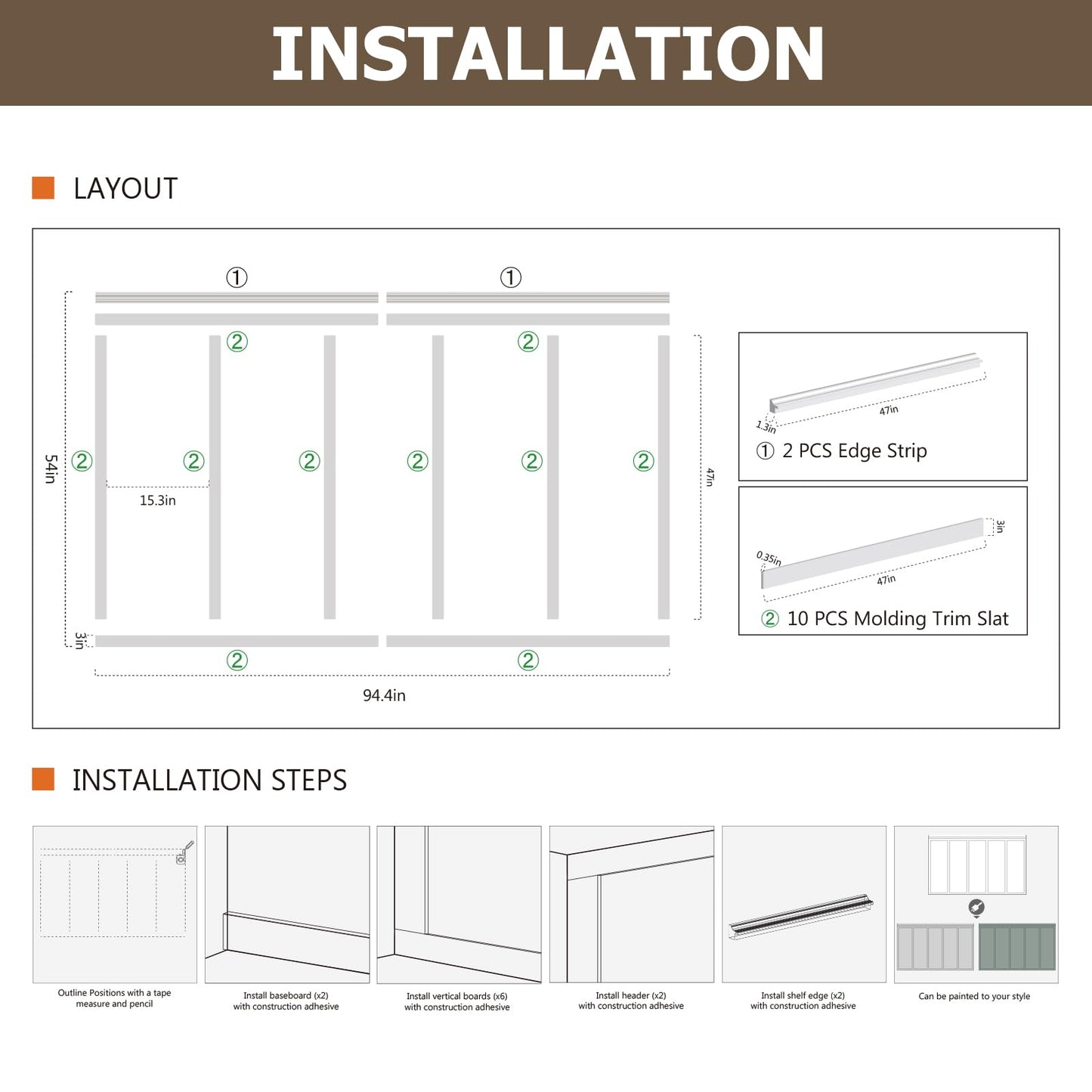 SAFERRYHOME Board and Batten Wall Panel Kit,Paintable Wainscoting Panels Easy Install for Bedroom Living Room Hallway, Covers 94" x 54" Molding Trim Slat with Edge Strip, Paintable White