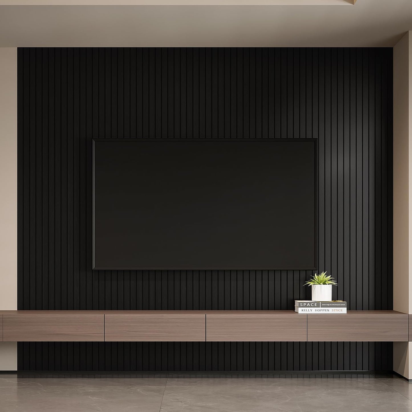 YLL YLL PVC Slat Wall Panel Peel and Stick 118"x 15.7" Faux Black Wood Grain Slat Panel Self-Adhesive Wallpaper Soundproof 3D Wall Panels