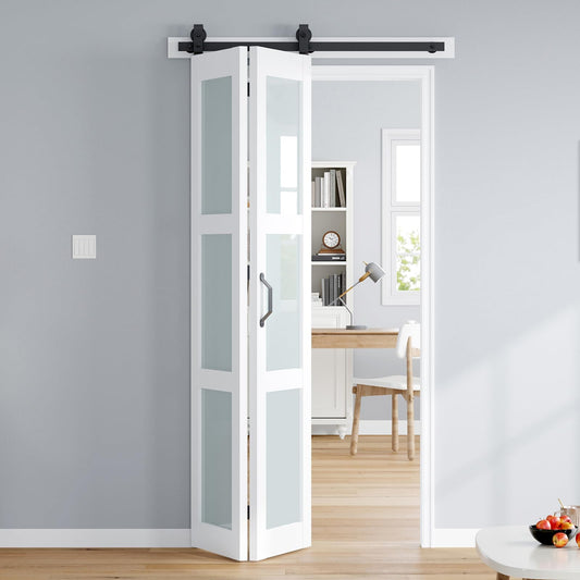 ROYMELO Bifold Barn Door 42x84 Inch (Double 21x84), White Frosted Glass Bifolding Doors with 46" Hardware Kit Included, Closet Sliding Wood Panel Slab, Save Space, Simple DIY Assembly