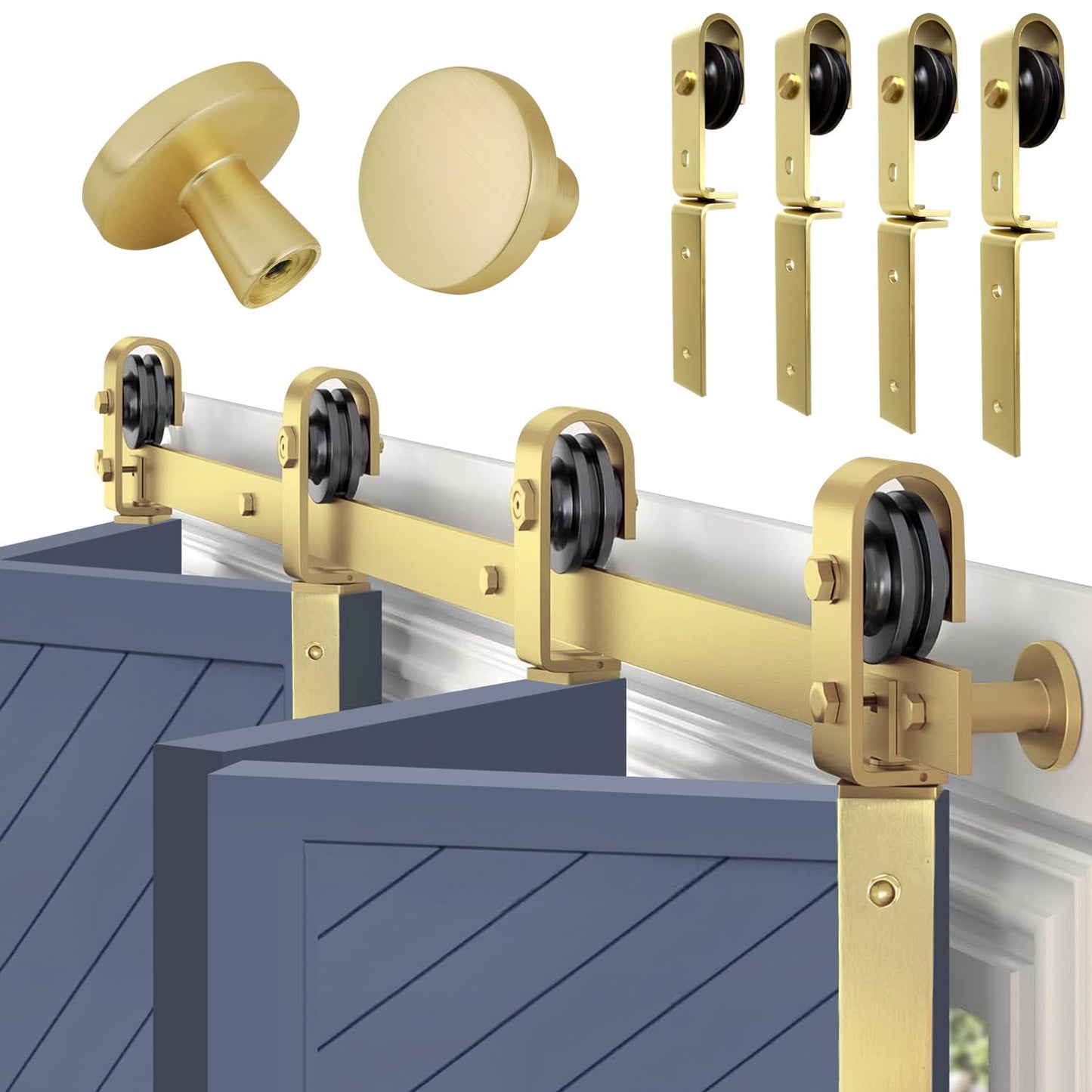 Rio Salto Gold Bifold Barn Door Hardware Kit 64" Closet — Contractor Grade Heavy Gauge Aluminum Sliding Bi Fold Track System for (4) 15" Panels, 4 Rollers with Matching Knobs (Hardware Only)