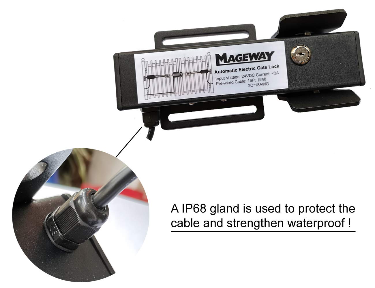 Mageway 24VDC Heavy Duty Automatic Electric Gate Lock for Swing Gate Opener Gate Operator Automatic Gate Openers, Fail Secure Waterproof Solenoid Lock, Pre-Wired 16 ft UL Cable