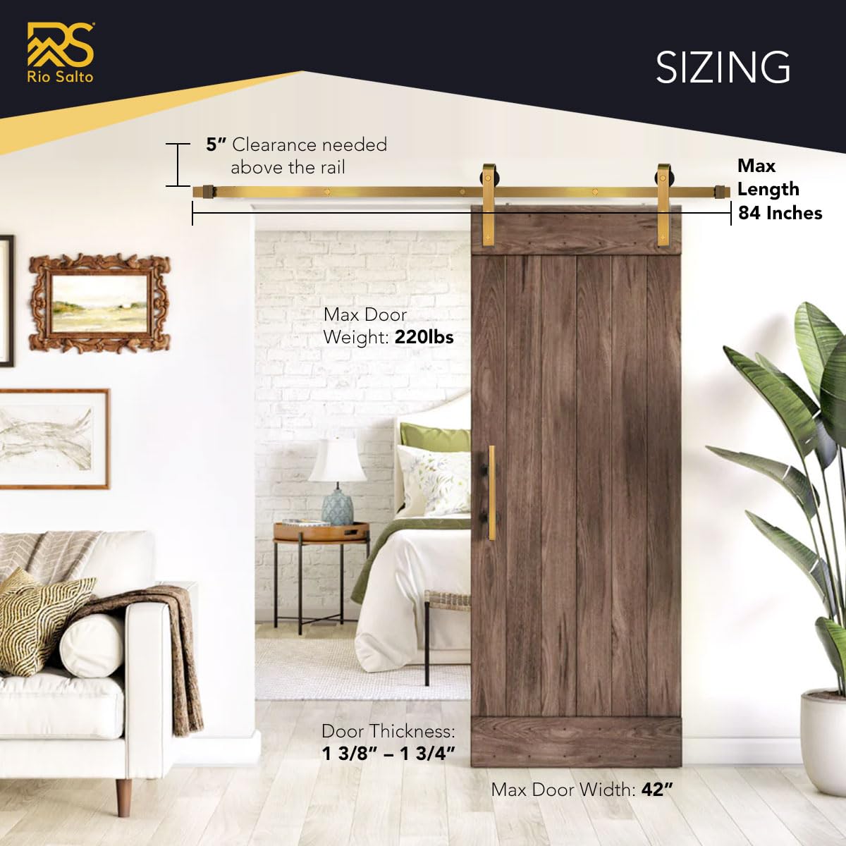 Rio Salto Gold Barn Door Hardware Kit 84" Length 7FT Sliding Door Hardware Modern Barn Interior Brushed Brass Panel Hardware (Hardware Kit, 7 Feet - Single Door)