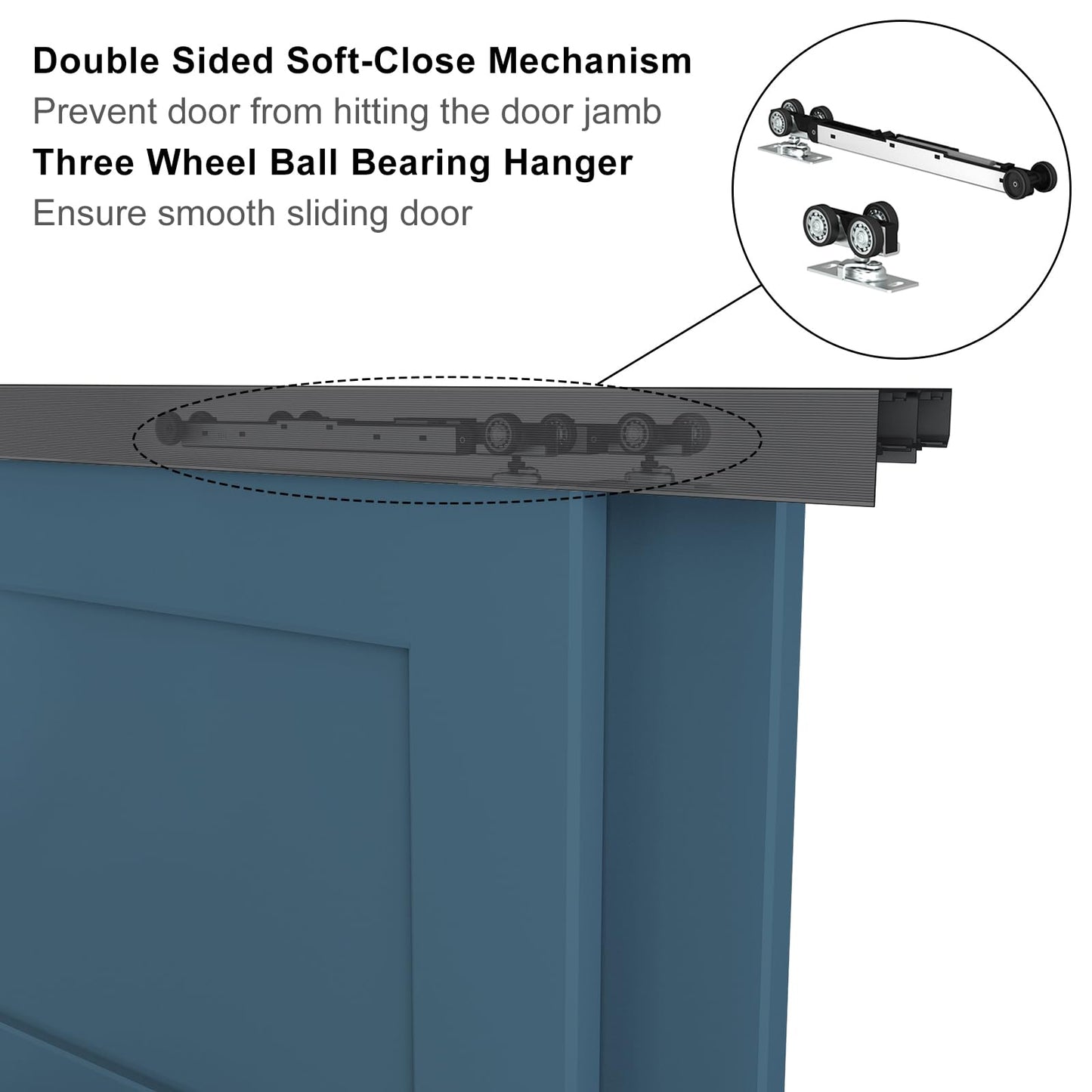 JUBEST 6FT/72 Heavy Duty Bypass Door Hardware with Soft Close Mechanism, Sturdy Closet Door Track for 2 Door System, Quietly and Smoothly, Fit Door Thickness 1 3/8" or 1 3/4", Easy to Install, Black