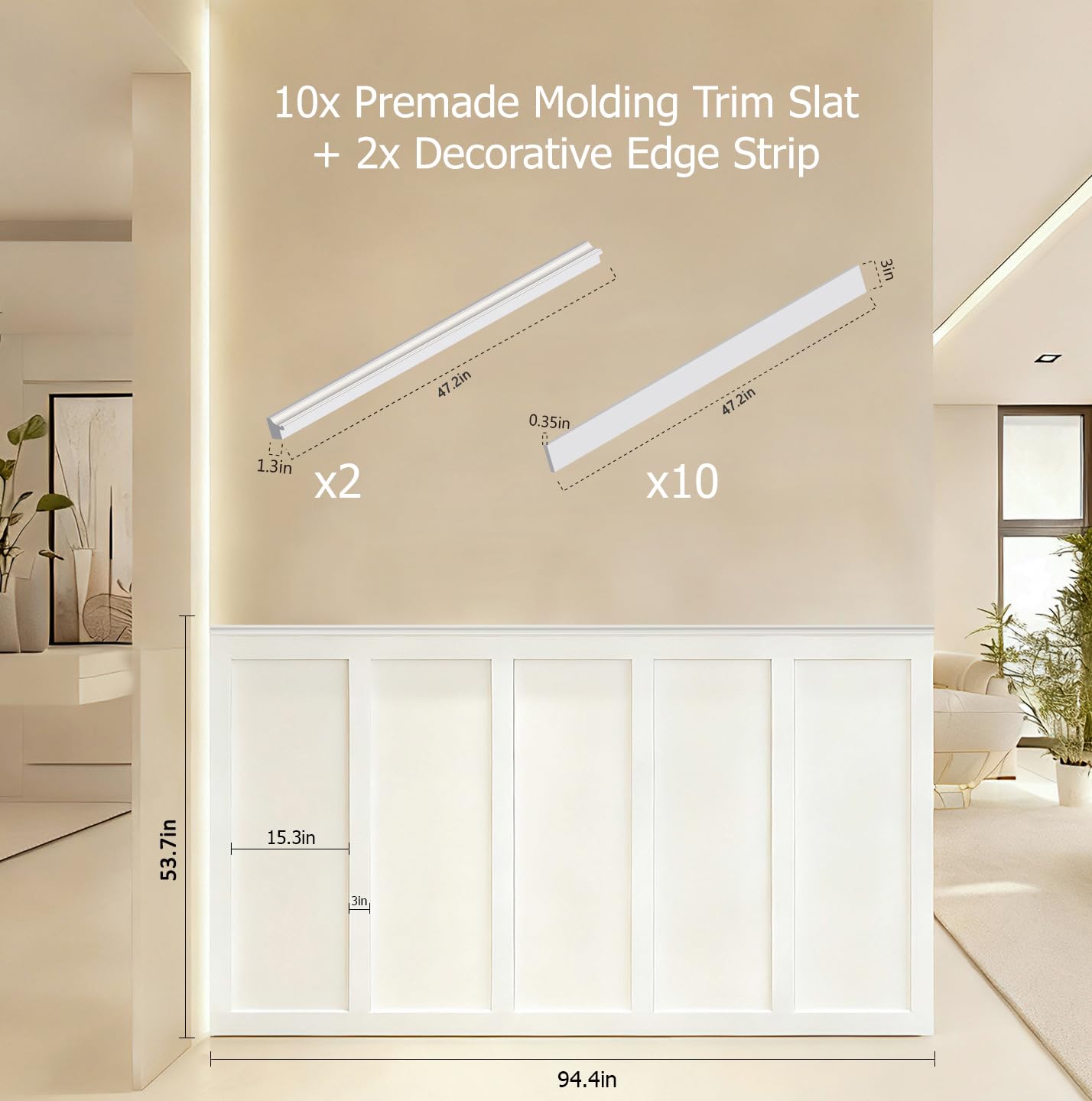 SAFERRYHOME Board and Batten Wall Panel Kit,Paintable Wainscoting Panels Easy Install for Bedroom Living Room Hallway, Covers 94" x 54" Molding Trim Slat with Edge Strip, Paintable White