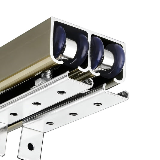 Aluminum Alloy Sliding Door Track Kit, 3/4/4.5/5/5.5/6/10/12 Ft Heavy-Duty Double Rail Hardware with Zinc-Nylon Pulleys, Bypass Ghost System(Champagne,6.2ft/189cm)
