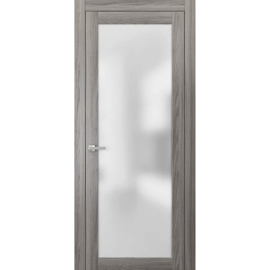 SARTODOORS Lite Frosted Glass Door 36x84 | Planum 2102 Ginger Ash | Frames Trims Satin Nickel Hardware | Bedroom Bathroom Solid Core Wooden Panel
