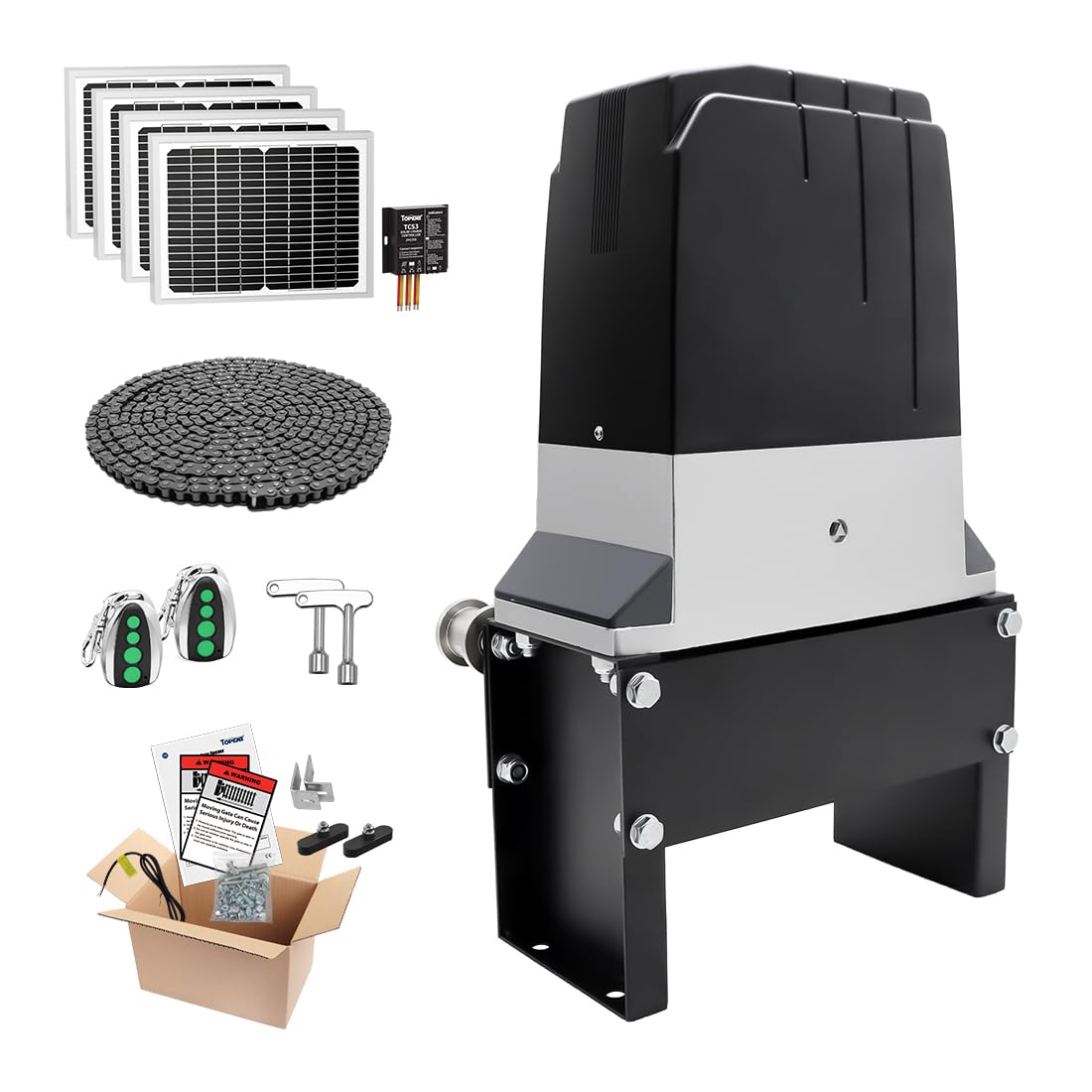 TOPENS DKC2000S Solar Sliding Gate Opener Chain Drive Automatic Gate Motor for Heavy Driveway Slide Gates Up to 4400 Pounds, Electric Gate Operator Battery Powered with Solar Panel Remote Control Kit