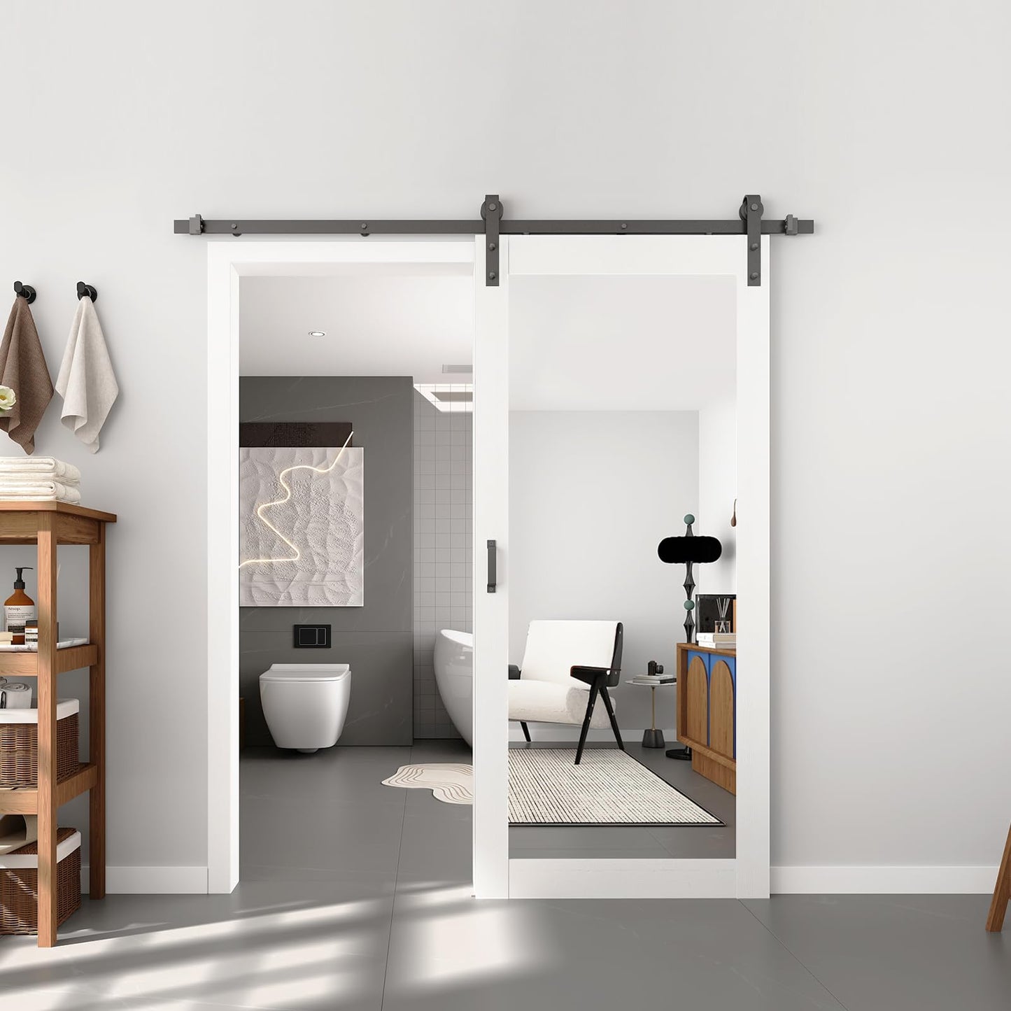 BARNSMITH 36in x 80in Mirror Barn Door with 6.6FT Sliding Door Hardware Kit Included, 1 Lites Full Length Mirror Door, Solid Wood Water-Proof PVC Surface,No Assembly Required,White