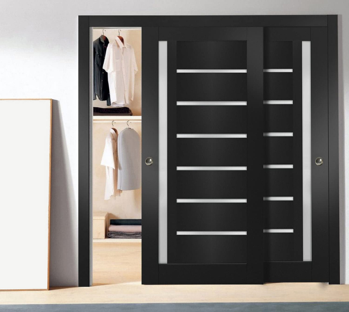 Sliding Closet Door SARTODOORS Quadro 4088 Bypass Interior Doors with Frosted Glass, MDF, 72x80, Black, Modern Style Hardware Included