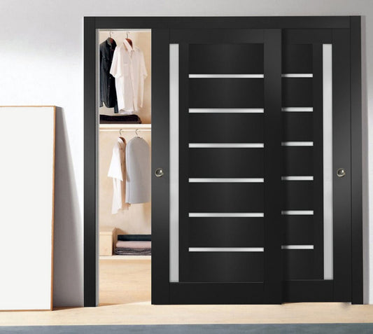 Sliding Closet Door SARTODOORS Quadro 4088 Bypass Interior Doors with Frosted Glass, MDF, 72x80, Black, Modern Style Hardware Included