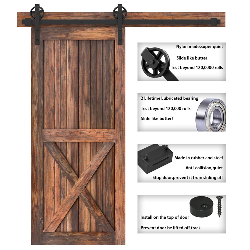 WINSOON 6FT Heavy Duty Sliding Barn Door Hardware Kit, Black 5-16FT, Silent Glide, Easy to Install, Includes Tracks, Big Wheel Hangers, Floor Guide and Other Necessary Hardware