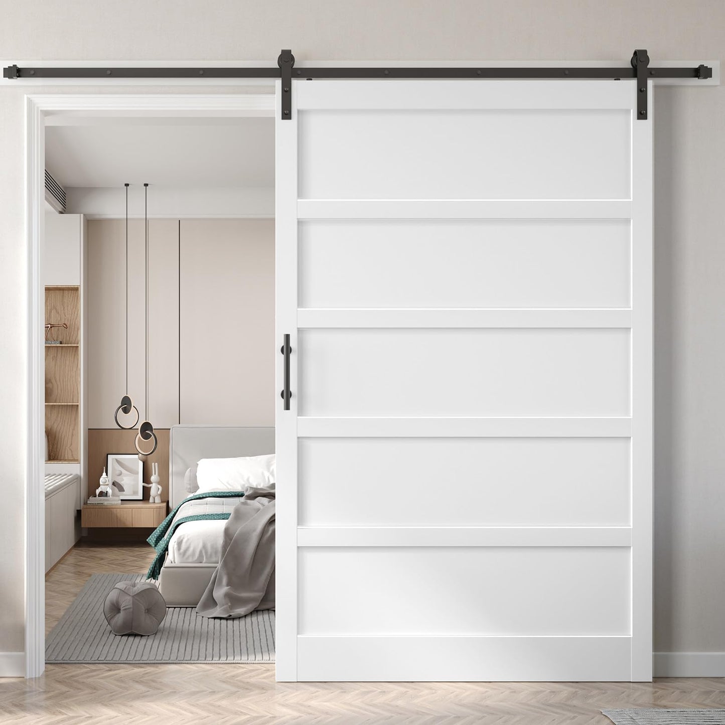 Fredbeck 60x96 Inch White Sliding Barn Door Slab with 10ft Hardware Kit Included, 5-Panel,White Doors for Bedroom