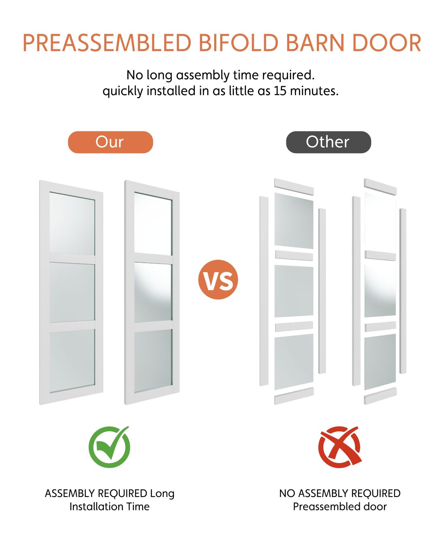 Bifold Closet Doors for 32"x 80" Opening, Tempered Frosted Glass Accordion Barn Door with Concealed Hardware Kit Included, Closet Door for Water-Proof PVC White Surface, Easy Install