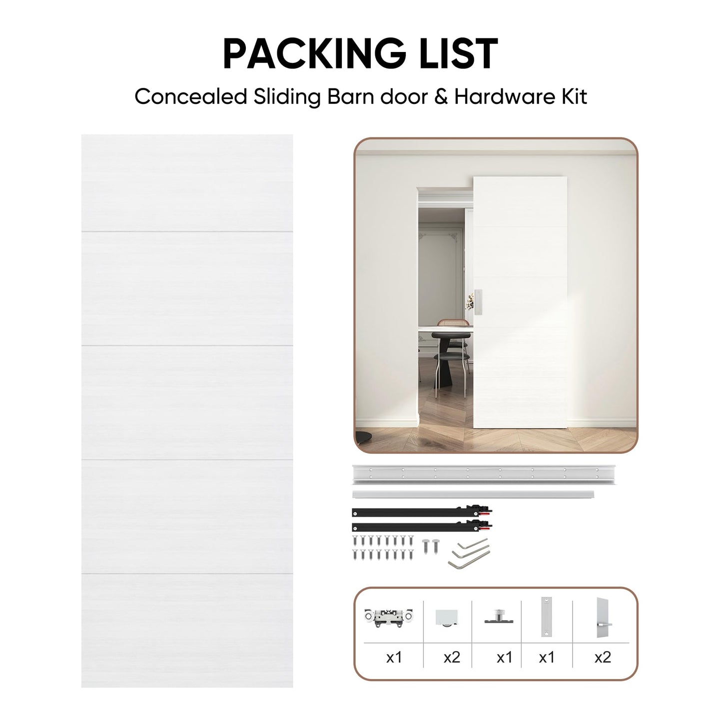 JUBEST 32"x86" Concealed Sliding Barn Door with Horizontal Groove and Soft Close Hardware Kit, White Flush Hidden Door for Opening 24"-28"x84", Waterproof and Smooth Sliding, for Interior Using