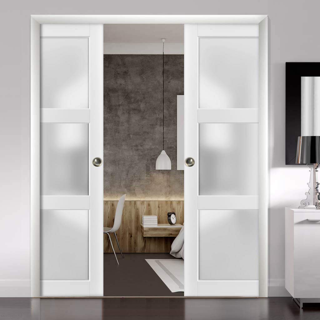 SARTODOORS Lite Slab Barn Door Panel | Lucia 2552 White Silk with Opaque Glass | Sturdy Finished Wooden Modern Doors | Pocket Closet Sliding -18" x 80"-Frosted Glass