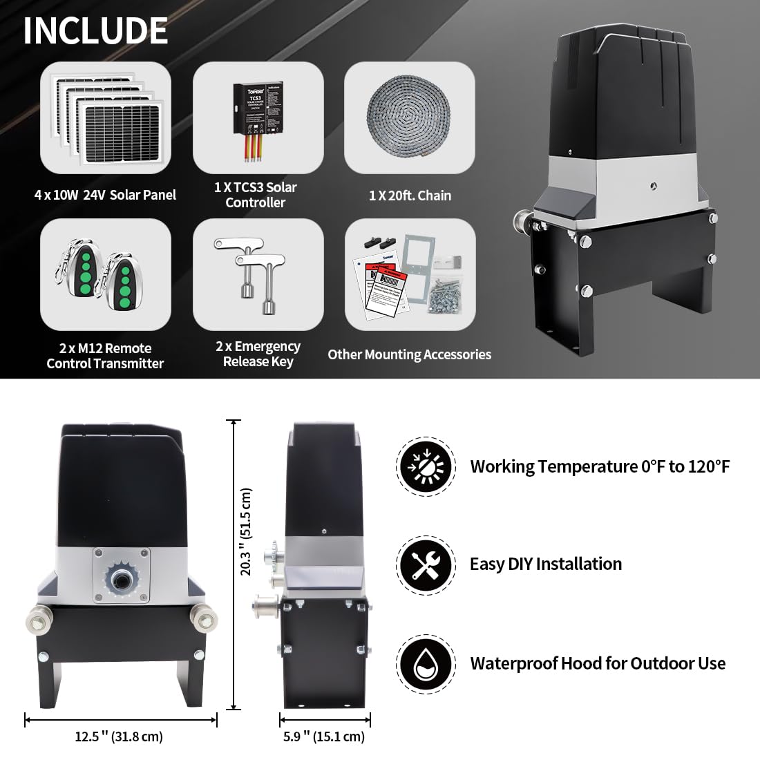 TOPENS DKC2000S Solar Sliding Gate Opener Chain Drive Automatic Gate Motor for Heavy Driveway Slide Gates Up to 4400 Pounds, Electric Gate Operator Battery Powered with Solar Panel Remote Control Kit