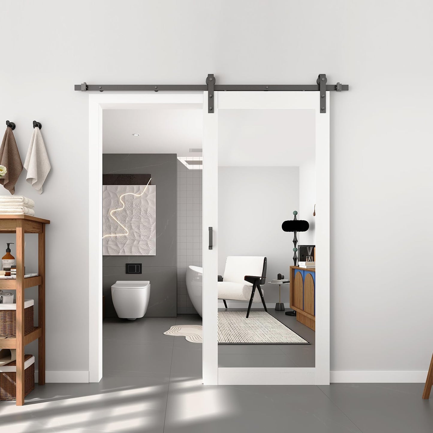 BARNSMITH 36in x 84in Mirror Barn Door with 6.6FT Sliding Door Hardware Kit Included, 1 Lites Full Length Mirror Door, Solid Wood Water-Proof PVC Surface,No Assembly Required,White