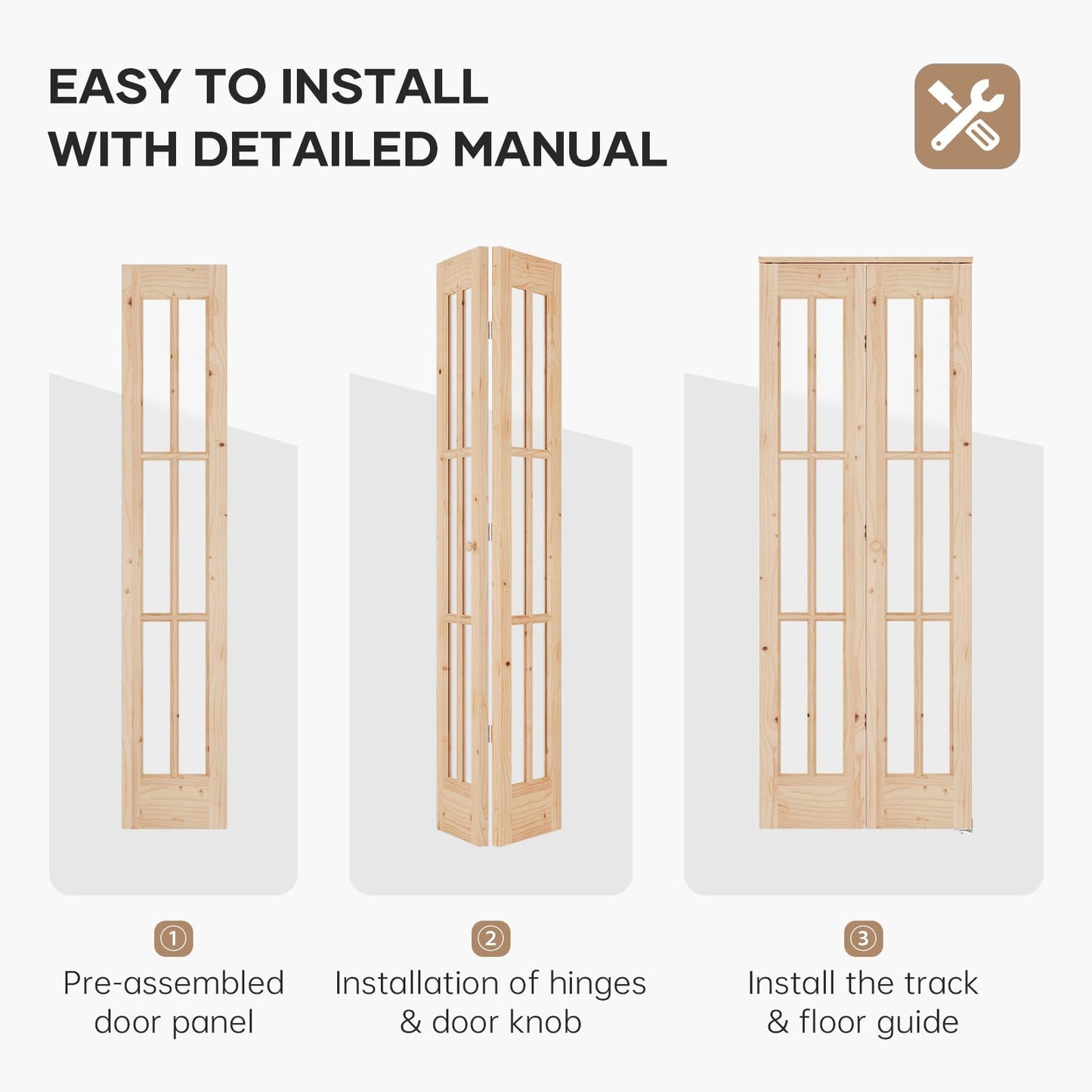 EaseLife 30"x 80" (Double 15" x 80") Bifold Barn Door, Tempered Frosted Glass Bifold Closet Door with 2.5FT Concealed Hardware Kit, Preassembled French Bifold Wood Door, Easy to Assemble,DIY Coloring