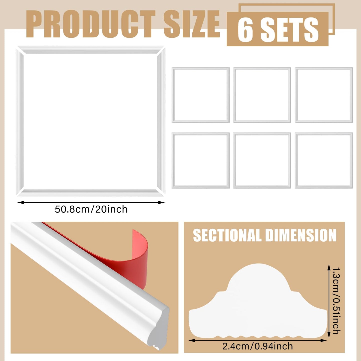 Colingmill Accent Wall Molding Kit Premade Wainscoting Panels Wall Molding Peel and Stick Panel White Pre Cut Trim for Walls Picture Frame Molding for Home Decoration(6 Set,20 x 20 Inch)