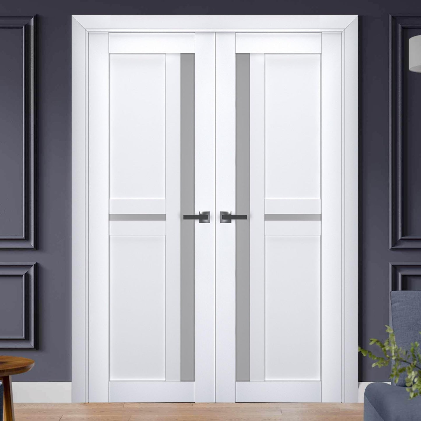 SARTODOORS Veregio 7288 | Double Swing Interior French Doors with Glass with Frosted Glass, Solid Wood, Hardware Included, 60x96, White, Modern