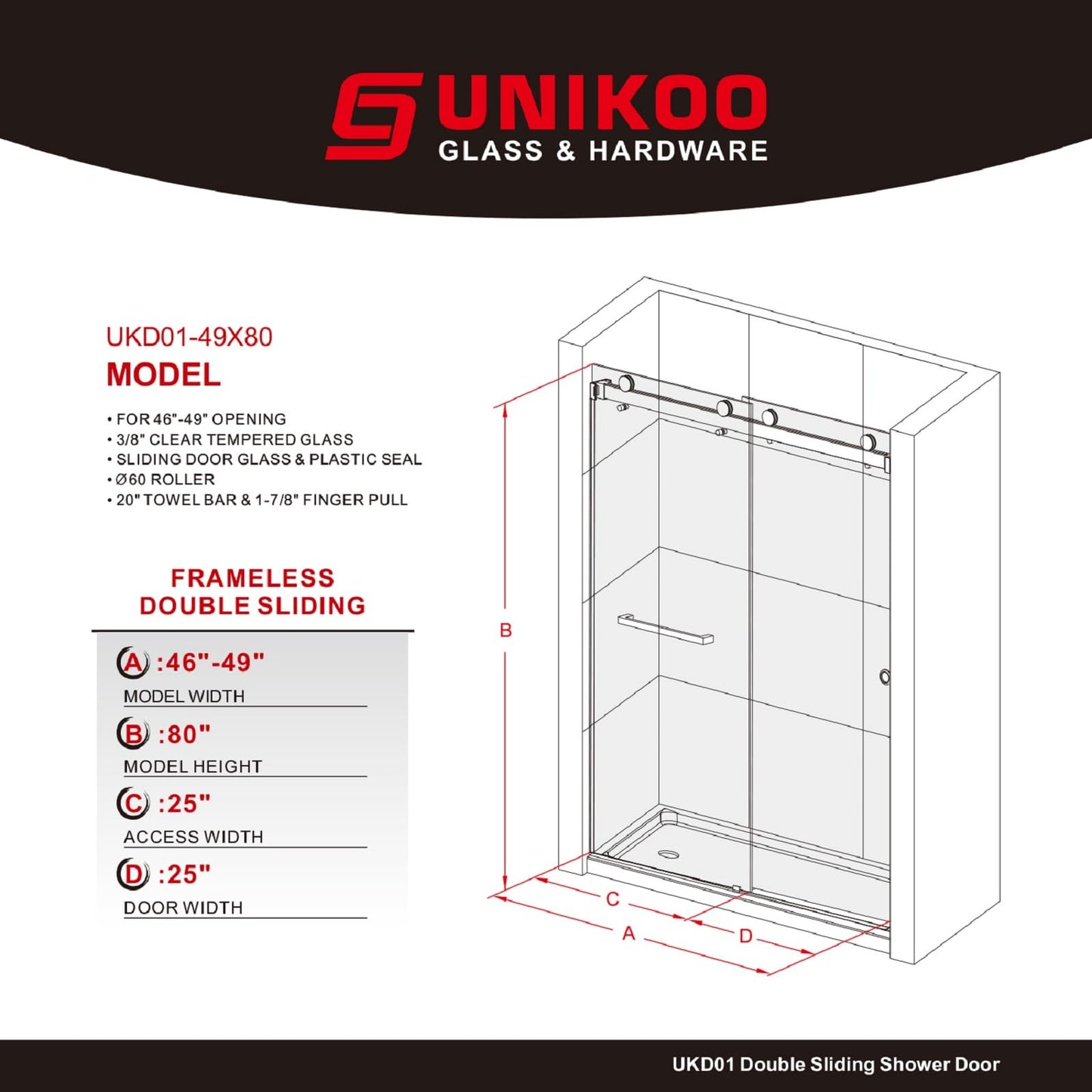 UKD01 46 to 49 in. W x 80 in. H Double Sliding Frameless Shower Doors - Stainless Steel 3/8" (10mm) Certified Tempered Glass 49x80-BN