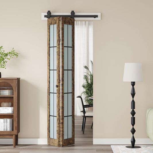 CEAKIAN Preassembled Bifold Barn Door 30 x 84 in,Double 15 x 84 in Solid Wood & Grid Glass Panels, Bi-Fold Barn Door with Hardware Kit, Vintage Industrial Interior Door, Fit 30in Opening