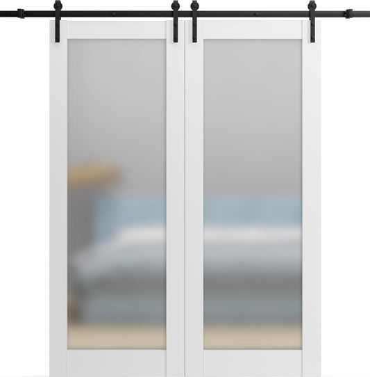 SARTODOORS Sturdy Double Barn Door with Frosted Glass | Planum 2102 White Silk | 13FT Black Rail Hangers Heavy Set | Solid Panel Interior Doors-64" x 80" (2 * 32x80)-Black Rail-Frosted Glass