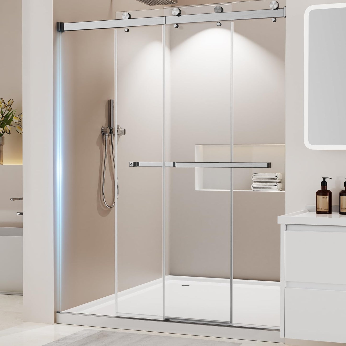 Frameless Stainless Steel Sliding Shower Door, 56-60" W x 72" H - 1/4” (6mm) Thick Tempered Glass Rust-Proof Glass Shower Door with Dual Tracks in Brushed Nickel