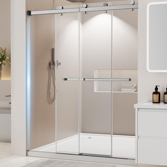 Frameless Stainless Steel Sliding Shower Door, 56-60" W x 72" H - 1/4” (6mm) Thick Tempered Glass Rust-Proof Glass Shower Door with Dual Tracks in Brushed Nickel