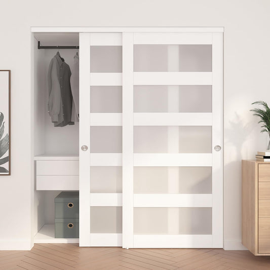 JUBEST Sliding Closet Door 72"(Double 37") x 80", 5-Lite Frosted Glass Bypass Door with Hardware Kit & Matching Fascia, Pre-Drilled Solid Wood Slab with Water-Proof PVC Surface, Easy to Install, White