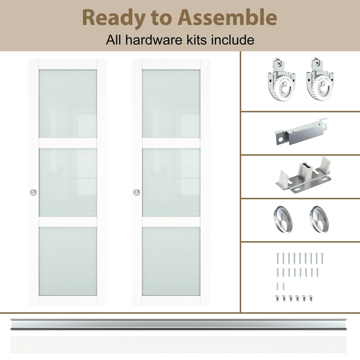BARNSMITH 48x80 Sliding Closet Door, 3-Panels Preassembled Frosted Glass Door Panel with Hardware Kits & Matching Fascia, MDF Covered with Water-Proof & Anti-Scratch PVC Surface, White