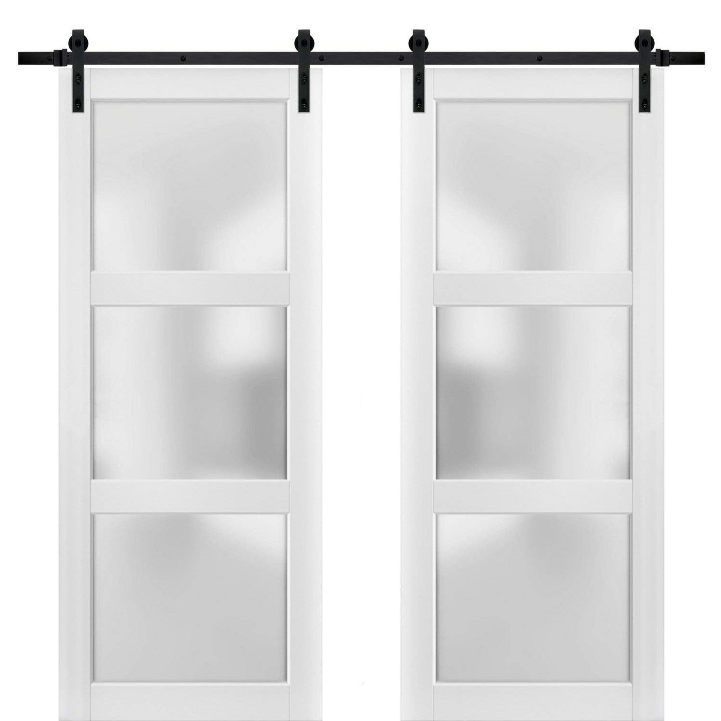 SARTODOORS Sliding Double Barn Doors with Hardware | Lucia 2552 White Silk with Opaque Glass | 13FT Rail Sturdy Set | Interior Bedroom Bathroom Door -84" x 96" (2 * 42x96)-Frosted Glass-Black Rail