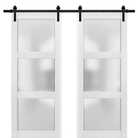 SARTODOORS Sliding Double Barn Doors with Hardware | Lucia 2552 White Silk with Opaque Glass | 13FT Rail Sturdy Set | Interior Bedroom Bathroom Door -84" x 96" (2 * 42x96)-Frosted Glass-Black Rail