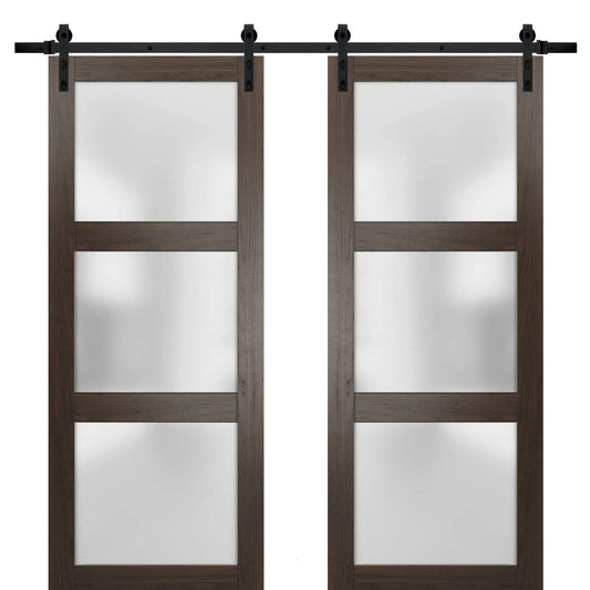 SARTODOORS Sturdy Double Barn Door with Frosted Glass | Lucia 2552 Chocolate Ash | 13FT Rail Hangers Heavy Set | Solid Panel Interior Doors-72" x 96" (2 * 36x96)-Black Rail