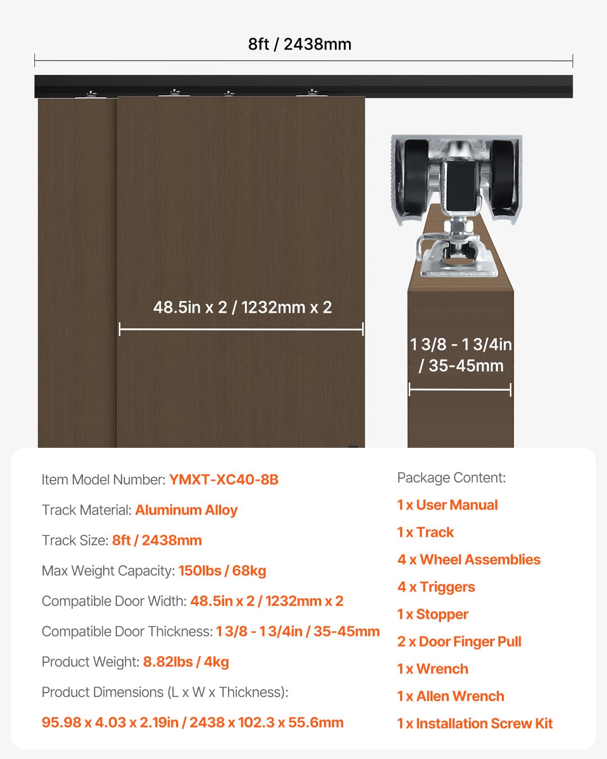 VEVOR Bypass Door Hardware, 8ft Heavy Duty Bypass Sliding Door Hardware Kit, Aluminum Alloy Sliding Closet Door Hardware Set with Finger Pulls, for 2 Door System, Fit Door Thickness 1 3/8" - 1 3/4"