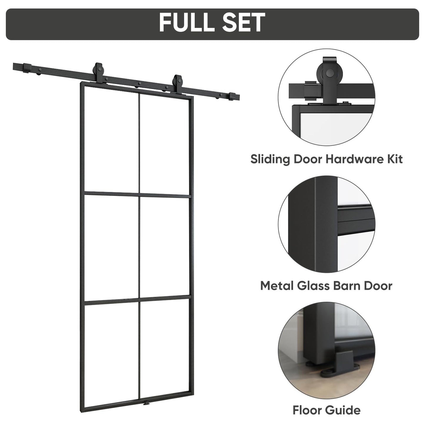 BARNSMITH 36in x 96in Glass Barn Door with 6FT Hardware Included, Aluminum Alloy Frame Frosted Tempered Glass, 6-Lite Lightweight Sliding Barn Door, Easy Assembly